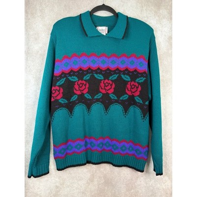 80s イングランド製　長袖　マルチボーダー　ロンt 　ヴィンテージ　古着　UK VTG 80s Cricket Lane Sweater Women Large Teal Green Floral Rose