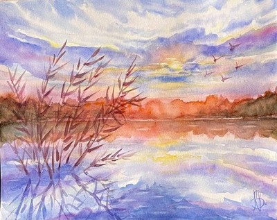 Original Lake Sundown Genuine Watercolour Painting K.V.