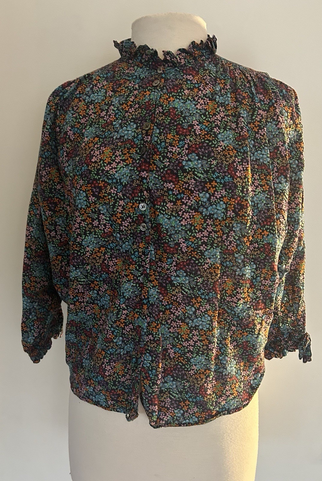Doen Rose Blouse SZ S Navy Lady Bird Floral  Print Peasant Boho Romantic # 9164