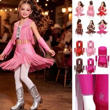 US Girls Cowgirl Outfits Western Fringe Top Bohemian Skirt And Oversleeves Party