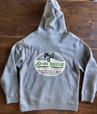 New John Deere Hoodie Men's M Gray Pullover Sweatshirt 2 Sided Tractor Deer Logo
