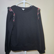 J. Crew Ladies Black Sweatshirt Medium Plaid Ruffle Shoulder Long Sleeve Top