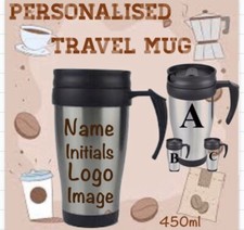 TRAVEL MUG - Personalised - ANY NAME, INITIAL, LOGO, LANGUAGE 