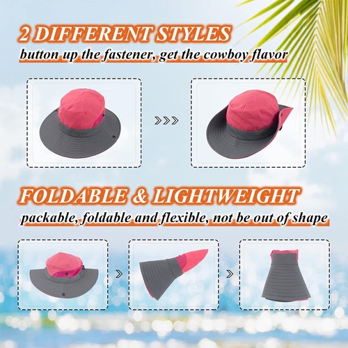 Women's Wide Brim Sun Hat with Ponytail Hole Neck Flap UV Protection Bucket Cap - Picture 14 of 26