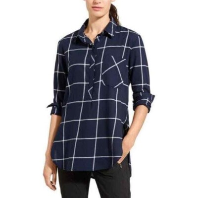 Athleta Women's Size XS Navy Blue Presidio Windowpane Plaid Popover Tunic Top