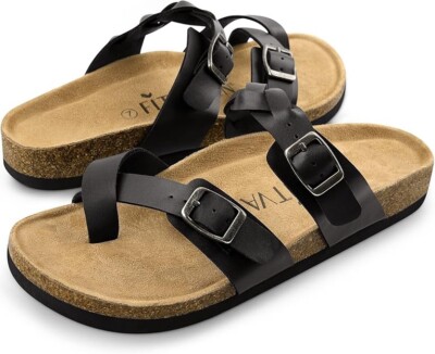 Women Sandals Cork Footbed with Comfort Arch Support, Black - 8 US