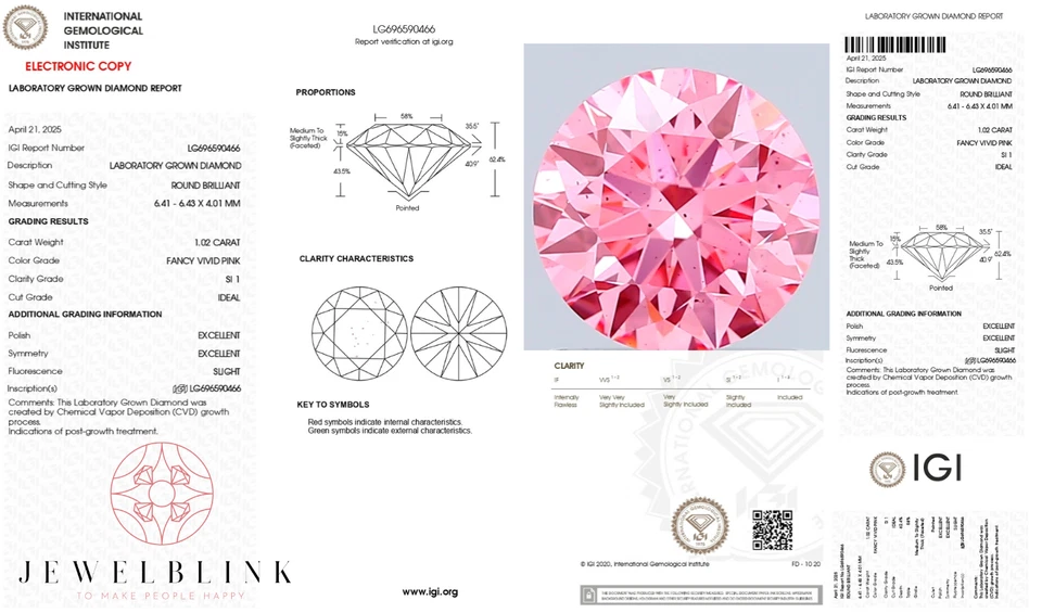 IGI Certified 1.02 Carat Fancy Vivid Pink SI1 Round Cut CVD Lab Grown Diamond - Image 2 of 4