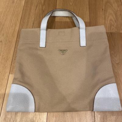 PRADA Canvas Shoulder Bag Auth Beige Medium Women Italy