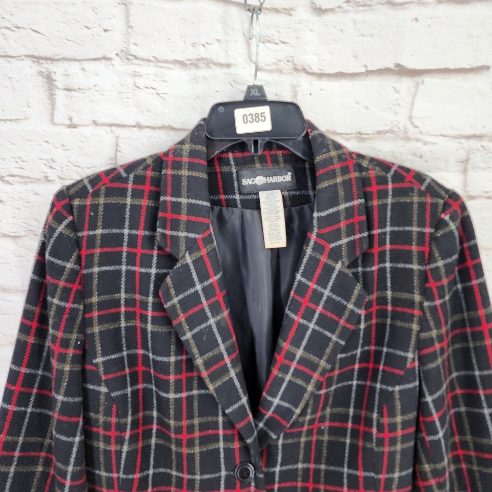 Vintage Sag Harbor Plaid Blazer Women 12 Wool Red Black Dark Academia