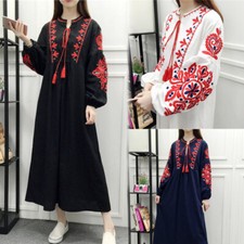 Vestido largo retro para mujer línea A bordado algodón lino étnico manga linterna
