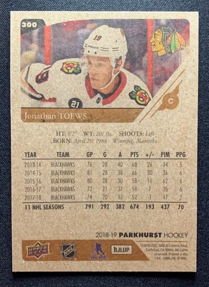 2018-19 Parkhurst Bronze #300 Jonathan Toews Blackhawks - Image 2 of 2