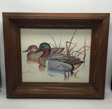 Vintage Mallard Ducks Gregory F. Messier Print Under Glass Wooden Frame 13"x11"