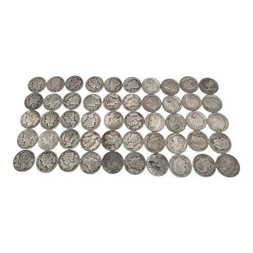90% Silver Dimes Lot $5 Face Mercury & Roosevelt 1 Roll 50x Junk Silver Bullion