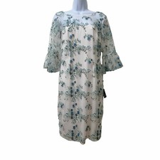 Adrianna Papell Embroidered Floral Bell Sleeve Sheath Mini Dress Size 6 White