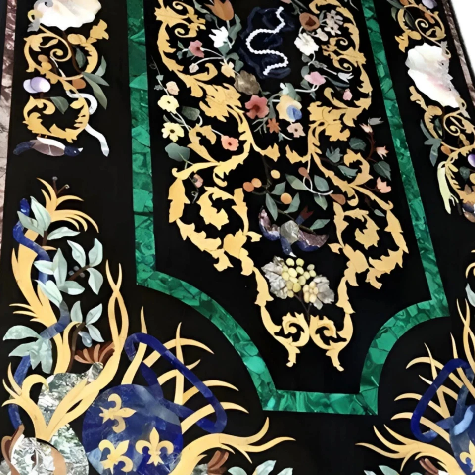 Black Marble Inlay Dining Table – Handmade Pietra Dura Art Stone Centerpiece Top - Image 2 of 4