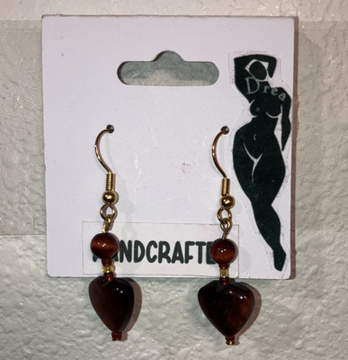 Handcrafted Brown Gold Heart Stone Beaded Dangle Drop Earrings Hook Closure