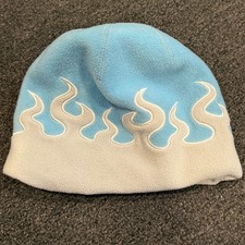Vintage LL Bean Flame Pattern Beanie Fleece Cap Hat White/Blue Youth Size Medium