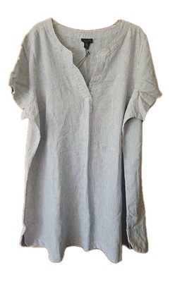 Tahari 100% Linen Plus SZ Light Blue Striped Short Sleeve Shift Dress SZ 3X NWT