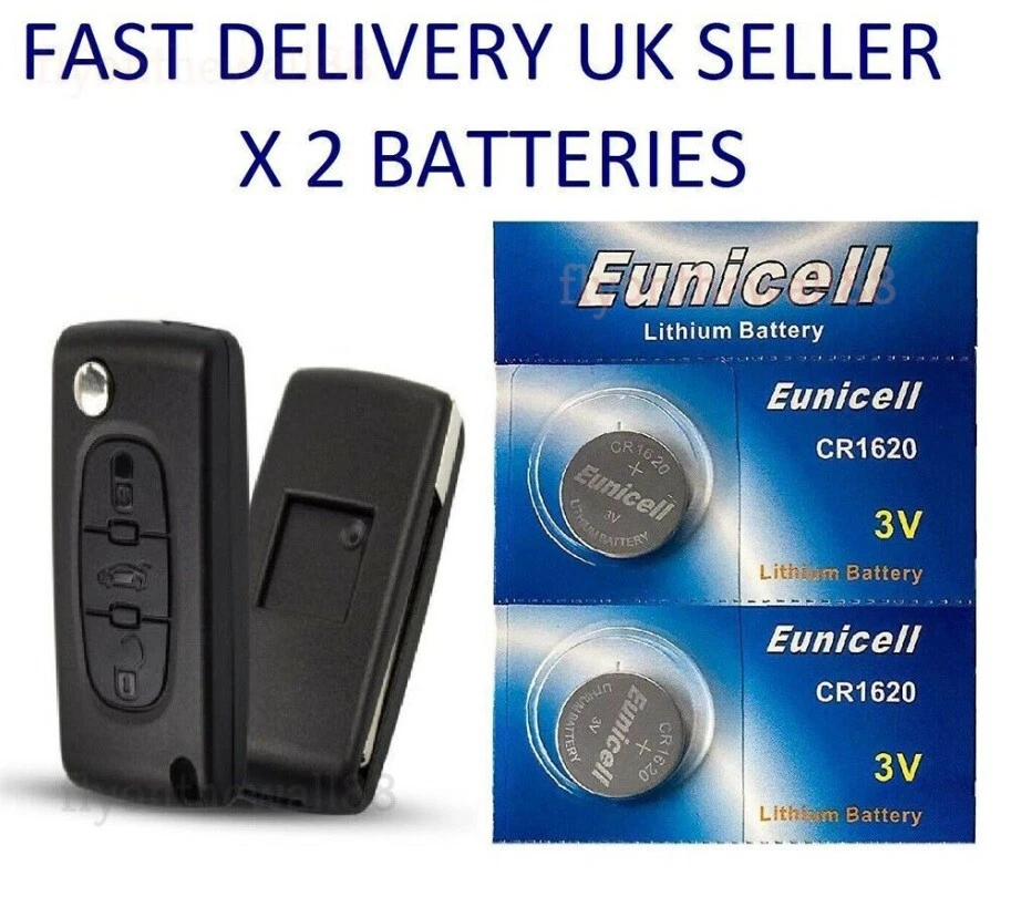 EUNICELL 2 X CAR FOB BATTERIES FOR CITROEN C2 C3 C4 C5 C6 C8 FLIP KEY CR1620 BATTERY