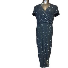 DAVID WARREN Womens 6 Black Polka Dot Faux Wrap Midi Dress Flowy Sleeves Hem