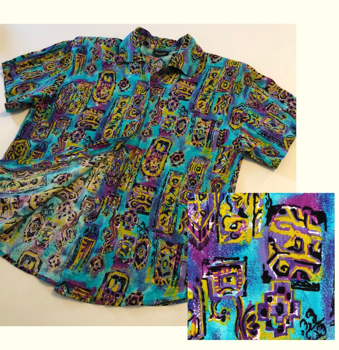 vtg LEGER Boho Button Up Shirt Sz M/L Colorful Bohemian Rayon Made