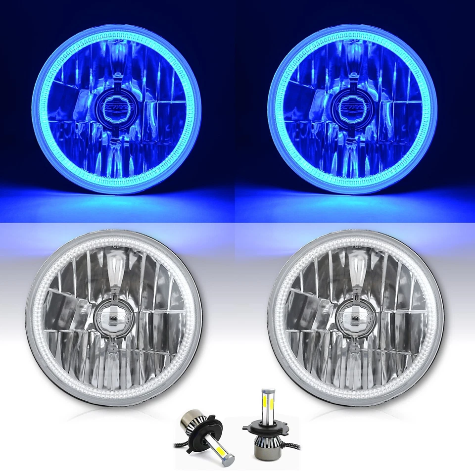 7" Blue SMD LED Halo Angel Eye Crystal Clear Headlight & H4 6000k LED Bulb Pair - Image 2 of 4