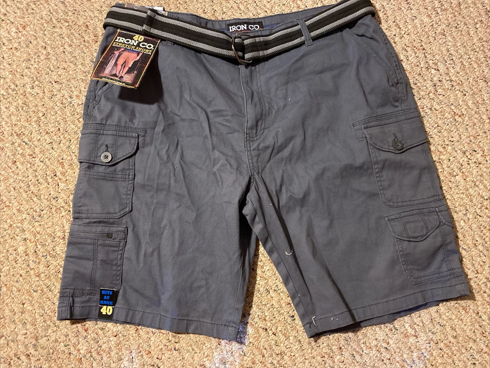 NEW NWT Iron Co. Mens 40 Blue Gray Cargo Stretch Shorts Belted Hiking Outdoor