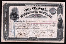 Peoples Telephone Company 1881 EX RARE Genuine Original  Stock Certificate 