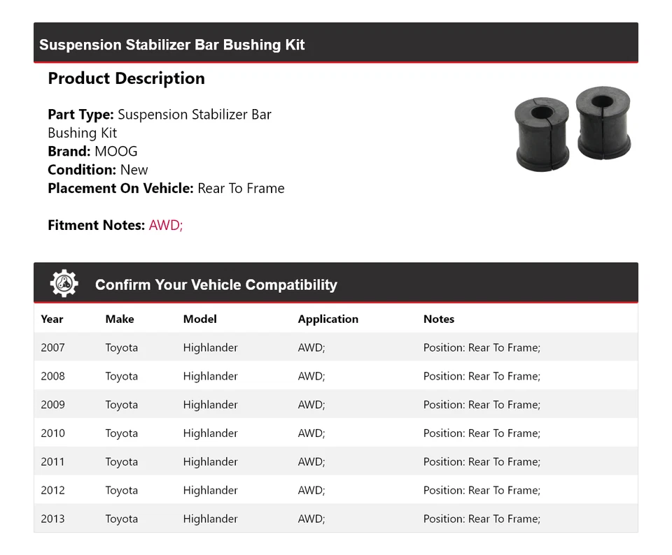 Kit de buje de barra estabilizadora de suspensión MOOG 2007-2013 para Toyota Highlander Foto 2 de 3