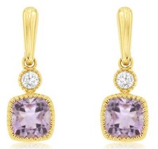 .33CT DIAMOND  AAA AMETHYST 14KT YELLOW GOLD CUSHION  ROUND HANGING EARRINGS