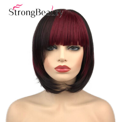 Short Straight Bob Wigs Synthetic Ombre Black Dark Red Two Colors Women Lady Wig