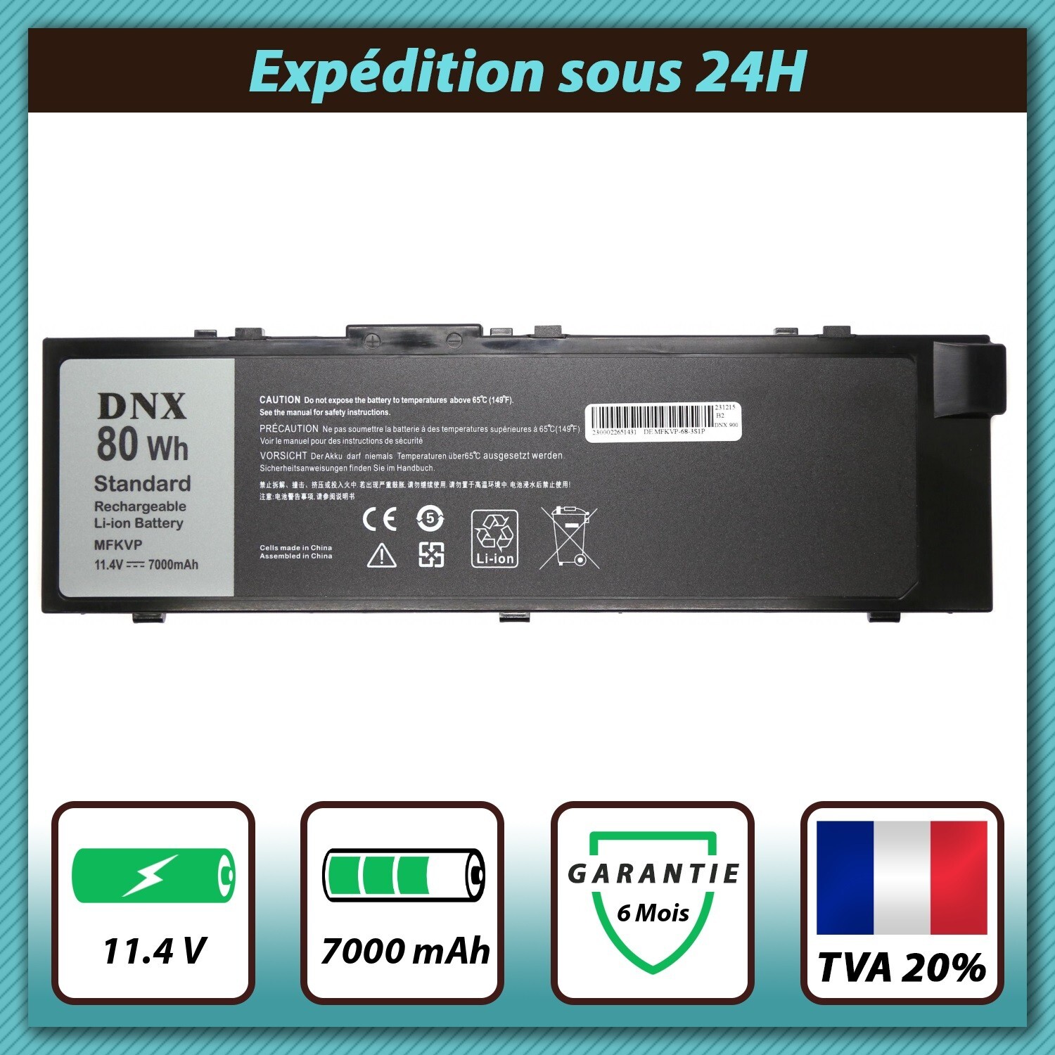 Batterie Dell 451-BBSF de remplacement 11.4V 7000mAh pour ordinateur portable
