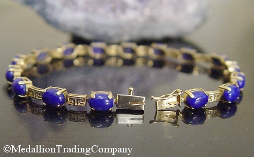 14k Gold Lapis Lazuli Vivid Blue Oval Cabochon Greek Key Tennis Line Bracelet 8" - Picture 3 of 4
