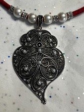 Heart of Viana Silver Pearl Pendant on Portuguese RED Cork Necklace Portugal