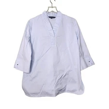 Ming Wang Blue Ruffled Collar Blouse Shirt Popover Tunic 3/4 Sleeve Preppy Large