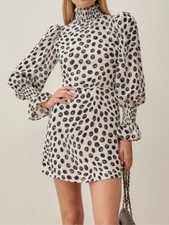 REFORMATION ARCHIE HIGH-NECK POLKA DOT MINI DRESS, SZ 0