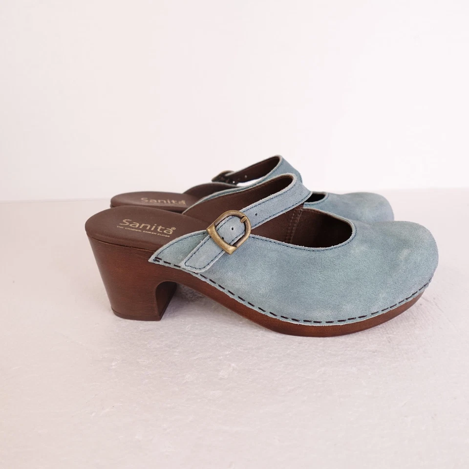 Sanita Shoes Womens Size 41 Blue Suede Mary Jane Clogs Wooden Heel Strap Comfort - Image 2 of 4