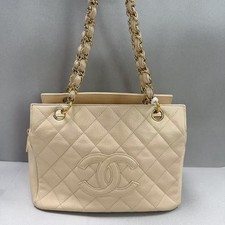 Auth Chanel Caviar Grand Shopping Tote Bag Beige Quilted Leather Gold Hardware