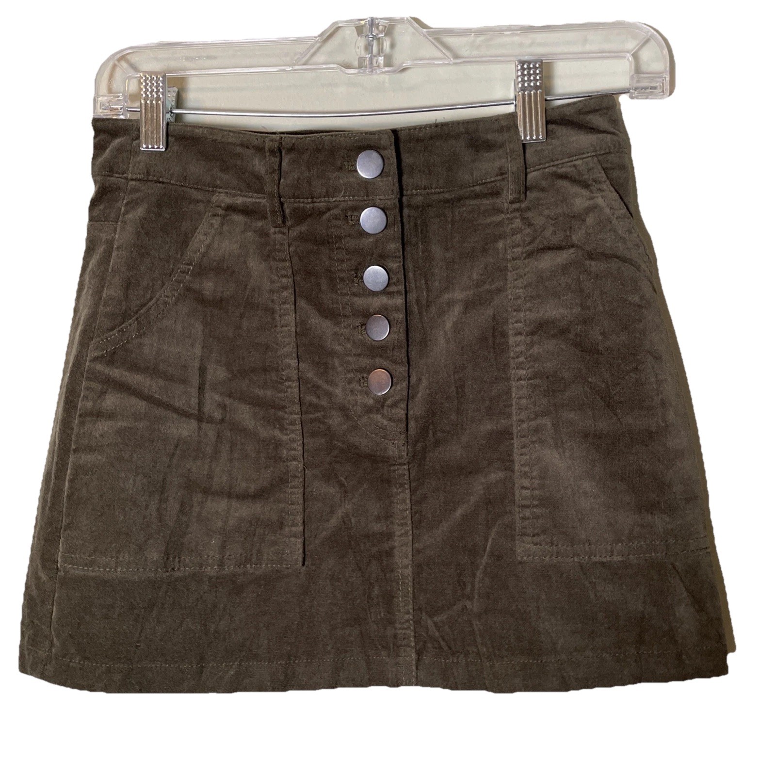Green Flocked Skirt Womens S  Button Front Pockets Mini Retro 70s Academia