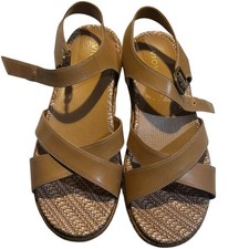 VIONIC Mar Camel Leather Sandals Espadrille Wicker Platform Stacked Wedge Size 9
