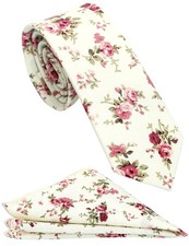 Mens Cotton Skinny Beige Floral Tie Combo Set with Pocket Square Beige Floral