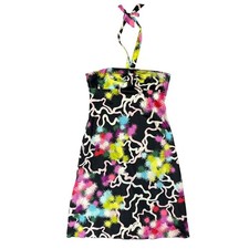 Trina Turk Y2K Abstract Black Pink Green Neon Silk Satin Halter Dress size 8