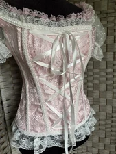 Baby Pink Satin & Lace Puff Sleeves Bustier Corset SZ L Coquette Fairycore