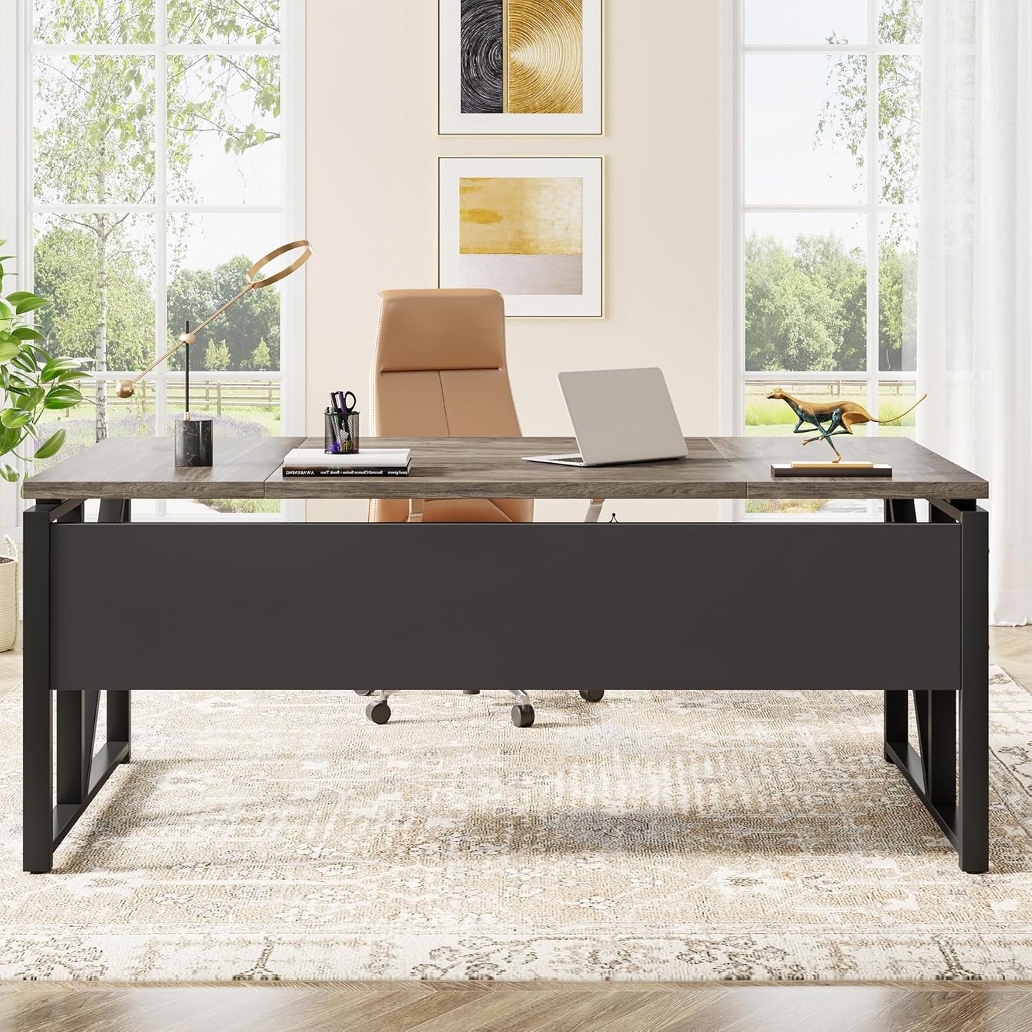 63" Executive Desk with Reversible File Cabinet, Large L-Shaped Office Desk Set