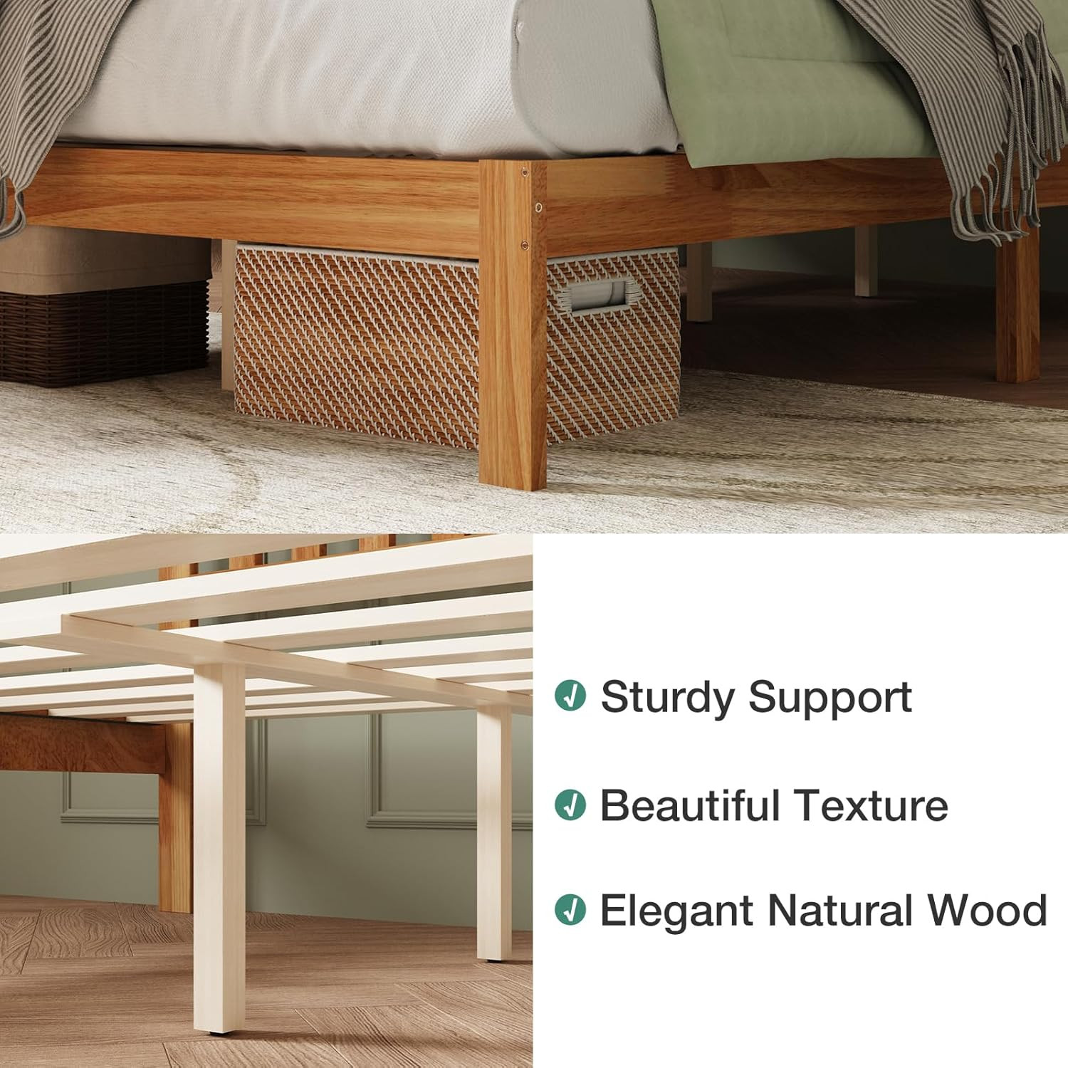 Solid Wood Full Size Bed Frame with Headboard - No Box Spring Needed