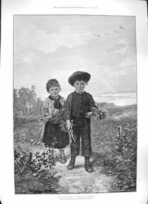 Original Old Antique Print Salentin 1889 Hans Greta Little Children Farming