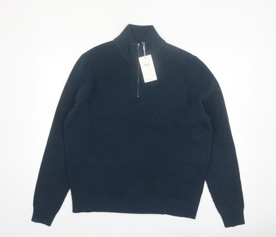 Marks and Spencer Herren Pullover Blau Baumwollmischung 1/2 Reißverschluss L Regular