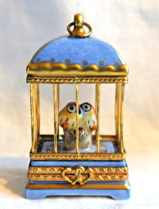 Limoges Rochard France Hand Painted Bird Cage Trinket Box Lovebirds Gold Blue