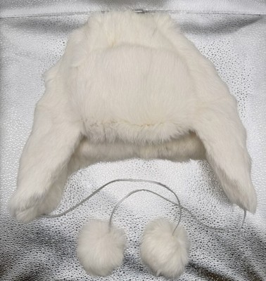 Armani Exchange White 100% Real Rabbit Fur Trapper Hat Ushanka Pom Poms NWOT OS