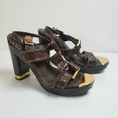 Tory Burch Karmen Platform Sandals 7M Brown Snakeskin Wood Block Heel Gold
